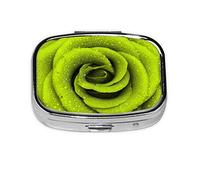 (Green Rose) Square Pill Box with 2 Compartment Small Pill Organizer Portable Pill Case Vitamin Containers, Travel Essentials 5.5x4x1.8 cm