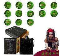 Green Runes Stone Set,Witch Rune Set of 13 | Witch Glass Green Rune Set | Witch Rune Set with Velvet Drawstring Bag for the Rune