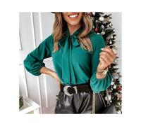 (green, S) Blouses Women Shirt Solid Lace Up Casual Slim Fit Full Sleeve Shirts Elegant Splice Simple Tops Round Neck Top Temperament