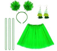 Green Saint Patrick’s Day Costume Set - 6 Pcs Leprechaun Outfit with Shamrock Tutu Skirt, Pom-Pom Headband, Fringe Earrings & Three Necklaces for Women, St. Patrick's Day Parade & Party Accessories