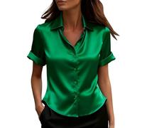 Green Satin Blouses for Women UK Elegant Smart Short Sleeve Button Down Silk Tops Professional Job Interview Shirts Business Casual Office Wear Work Clothes Plus Size Going Out Tunic Tops for Women UK
