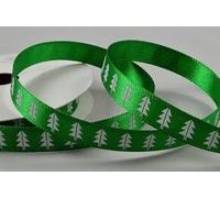 Green Satin Ribbon with White Christmas Tree Print 10mm x 1m Cut from roll