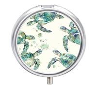 Green Sea Turtle Pill Box - 3 Compartment, Round Metal Pill Case with Mirror, Portable Medicine Holder for Purse/Wallet/Travel