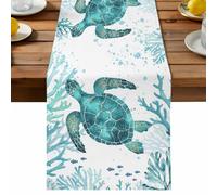 Green Sea Turtle Table Runner, Watercolor Ocean Green Coral Turtle Fish Cotton and Table Linen Runner for Kitchen Dining Home Decor for Party Festival Holiday Decoration Gift 16x72in