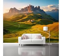 Green Self-Adhesive Wallpaper Mural, Pastoral Scenery Mountains Castles Patterned Wall Decor for Living Room Bedroom, Home Decoration Wall Stickers for Teen Kids Bedroom Playroom 200 x 140 cm