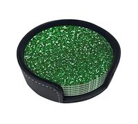 Green Sequin Sparkle Coasters For Drinks, 6 Pcs Leather Coaster With Holder, Round Cup Mat Pad Set For Home And Kitchen 3.9 Inches