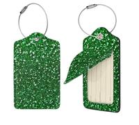 Green Sequin Sparkle Print Luggage Tag Leather with Stainless Steel Loop Privacy Cover Name ID Labels for Women Men