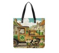 Green Shamrock Gnomes Truck Square PU Leather Tote Bag