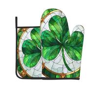 Green Shamrock Leaf Stained Glass Oven Mitts and Pot Holders Sets