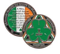 Green Shamrock Recovery Medallion in years 1-50 Serenity Prayer in Gaelic on rear (Year 3)