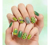 Green Short Square Artificial Nails with Glowing Crystal Embellishments and Shamrock Designs for Daily Wear Green Trifolium Crystal Press on