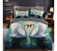 Green Single Duvet Cover Set 135x200 cm Two loving swans Microfibre Quilt Cover with 1 Pillowcases 50x75 cm, Printed Bedding Set for Kids Teens Bedroom Decor