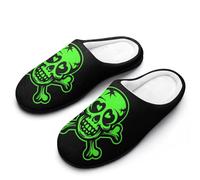 Green Skull And Crossbones Heart Flannel Slippers For Men Memory Foam Soft Warm Home Shoes Print 11-12(44-45)