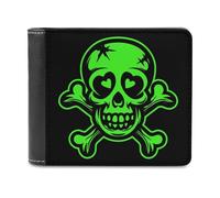 Green Skull and Crossbones Heart Printed Bifold Wallet with Hidden Compartments Pocket Money and Credit Card Holder for Men Women
