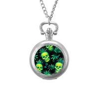 Green Skull Vintage Pocket Watch Alloy Pendant Watches Necklace Gift for Men Women Silver-Style