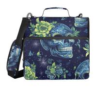 Green Skulls Boho Shining 3 Rings 1.5 inch Zippered Binder Bag with Shoulder Strap Multiple Pockets Document Organizer for School and Office