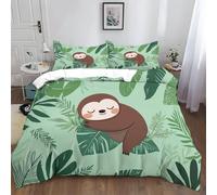 Green Sloth, Tropical Leaves Duvet Covers Double Green Quilt Cover Warm Bedding Set 3 PCS With Pillowcases Ultra Soft Anti Allergic Non Iron Microfiber for Children Adults