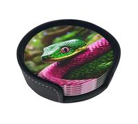 Green Snake Print Pu Leather Drink Coasters With Holder Coasters Set Of 6 Office Home Bar Decor Cup Coaster