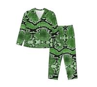 Green Snakeskin Women'S Long-Sleeved Pajama Set Tops And Pants Nighttime Sleep Relax Lazy Weekend