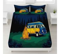 Green Soft Bedding Camper Van Bonfire Forest Night Sky Fitted Sheet Vintage Cartoon 360° Fully Enclosed Fitted Sheet Outdoor Scenery Vibrant for Cold Washable Girls Boys, 120 x 190 x 25