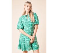 Dorothy Perkins Women's Green Spot Tie Front Puff Sleeve Mini Dress | Size: 8 Dorothy Perkins Green 8