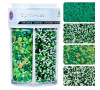 Green Sprinkles for Cake Decorating, 8Oz 4-Cell ST Patricks Day Spring Sprinkles Mix with Shamrock Clover Jimmies Nonpareils Pearls Edible Sugar for Cookies Cake Cupcakes Ice Cream Brownie Baking