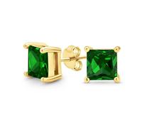 Green Square Cubic Zirconia Brilliant Princess AAA CZ Stud Earrings Gold Plated Sterling Silver Simulated Emerald