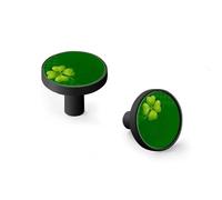 Green St Patrick's Day Clover Plaid Shamrock Cabinet Knobs and Wall Hooks, 6 Pack Modern Drawer Pulls with Black Base, Solid Zinc Alloy Handles for Kitchen, Bathroom, Dresser