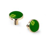 Green St Patrick's Day Clover Plaid Shamrock Cabinet Knobs and Wall Hooks, 6 Pack Modern Drawer Pulls with Golden Base, Solid Zinc Alloy Handles for Kitchen, Bathroom, Dresser