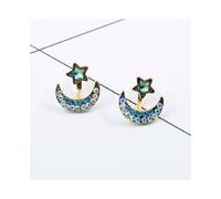 Green Star Enamel Stud Blue Crystal Crescent Moon Gold Ear Jackets Earrings