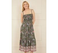 Green Strappy Paisley Print Midi Dress With Ruched Bodice Yumi Green 10