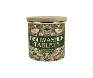 Green Strawberry Thief Dishwasher Tablets Storage Canister - Morris Inspired Floral Tapestry Artwork - 1.2L Refillable Home Cleaning Products Enamel Container