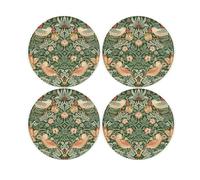 Green Strawberry Thief Glass Coaster Set - William Morris Artwork Gifts - Set of Four (4) Round Drinks Coasters