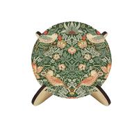 Green Strawberry Thief Glass Coaster Set - William Morris Artwork Gifts - Set of Four (4) Round Drinks Coasters & Wood-Effect Stand
