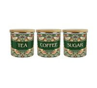 Green Strawberry Thief Tea, Coffee & Sugar Storage Canisters Set - Morris Inspired Floral Tapestry Artwork - 1.2L Enamel Hot Drinks Containers Set of 3