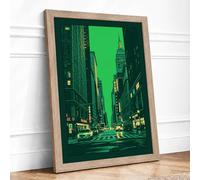 Green Street at Night Modern Framed Wall Art Print A2 (59.4×42cm) Oak, Wall Decor for Living Room, Bedroom, Office & Home, Ready to Hang, Art Gift