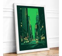 Green Street at Night Modern Framed Wall Art Print A2 (59.4×42cm) White, Wall Decor for Living Room, Bedroom, Office & Home, Ready to Hang, Art Gift