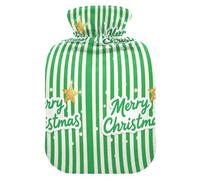 Green Stripe Merry Christmas Hot Bottle Water Bag with Soft Cover, 1L Hot Compresses for The Body for Sore Muscle