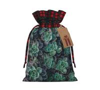 Green Succulent Christmas Drawstring Linen Gift Bag Paired With Scottish Plaid Fabric, With A Delicate And Simple Texture