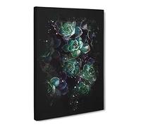 Green Succulent In Bloom Paint Splash Canvas Print | Gallery Wrapped 30mm Frame Wall Art | 30x20 inches | Ready to Hang | Modern Floral Picture | Living Room Bedroom Lounge Office