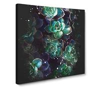 Green Succulent in Bloom Paint Splash Modern Canvas Wall Art Print Ready to Hang, Framed Picture for Living Room Bedroom Home Office Décor, 20x20 Inch (50x50 cm)