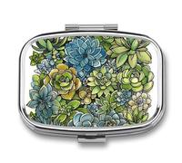 Green Succulent Picture Pill Box 2 Compartment Portable Pill Case Daily Square Pill Organizer for Pocket Purse Daily Medicine Container to Hold Vitamins Fish Oil Travel Gifts