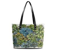 Green Succulent Picture Tote Bag Large Soft Leather Purse with Zipper Lightweight Ladies Shoulder Handbag