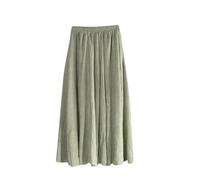 Green Summer Skirts for Women UK Midi Pleated Skirts Linen Cotton Elasticated Waist Long A Line Midi Boho Flared Skirt Swing for Holiday Beach Loungewear
