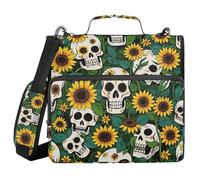 Green Sunflower Skull 3 Rings 1.5 inch Zip Up Binder with Shoulder Strap Multi-Pocket Portable Portfolio for Middle Student