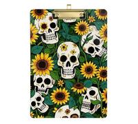 Green Sunflower Skull Acrylic Folder clipboards Standard Letter A4 Size Acrylic Cute for Coaches Medical Classroom Gold 12x9in Tabla para escribir