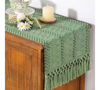 Green Table Runner, 30 x 140 cm, Boho Cotton Flax Table Runner with Tassels, Crochet Lace Mesh Tablecloth, Vintage Tassel for Kitchen, Vintage, Farmhouse, Bohemian Wedding, Tabletop Decor
