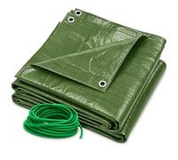Green Tarpaulin 3 x 3m Heavy-Duty Waterproof 90gsm with 10m Elastic Tie Rope - Tarp Sheet Cover for Garden Furniture, Logs, Camping Groundsheet, Building Materials, Trailer, Temporary Outdoor Use
