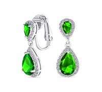 Green Teardrop CZ Halo Prom Drop Statement Chandelier Clip On Earrings Simulated Emerald Cubic Zirconia Silver Plated Brass