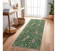 Green Theme Runner Rug 65 x 240 cm - Machine Washable Non-Slip Hallway Carpet, Low Pile William Morris Plants Wildflowers Print Floor Mat for Laundry, Kitchen & Mudroom